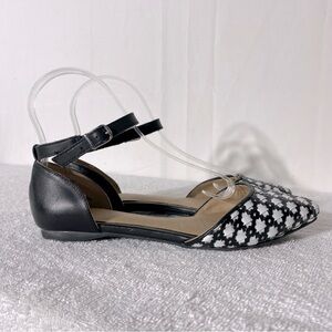 Shellys London Black & White Woven Leather Pointed Toe Ankle Strap Flats 7